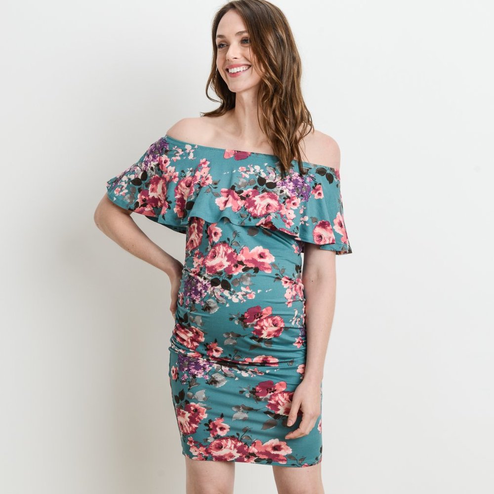 <CMD1590L> Mint Floral Off-Shoulder Maternity Dress